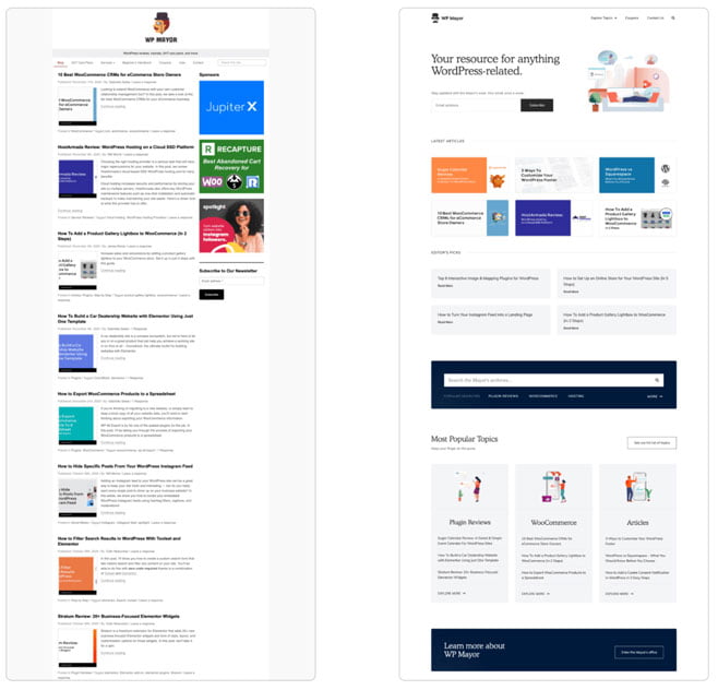 The WP Mayor website before and after the redesign